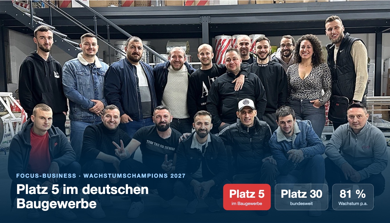 Das Team der MESCH Isolierung & Brandschutz GmbH – FOCUS-Business Wachstumschampions 2027, Platz 30 bundesweit und Platz 5 im Baugewerbe